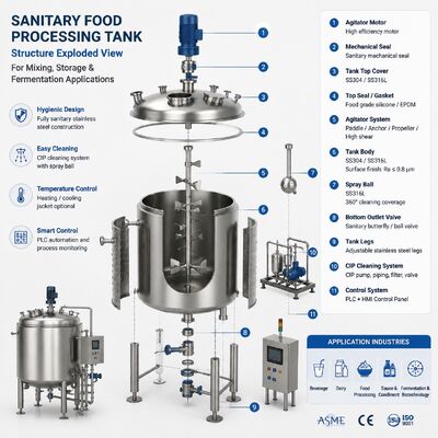 Tangki Pencampur Sanitasi SS316L dengan Agitator untuk Pengolahan Makanan & Minuman/Tangki Fermentasi Sanitasi SS316L untuk Produksi Makanan & Minuman